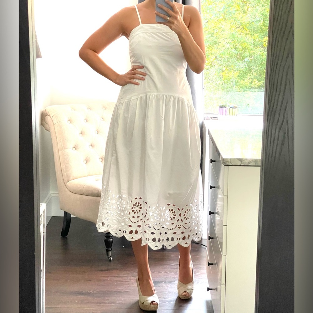New! Casual White Midi Eyelet Dress, full Skirt, Pockets, Thin Straps size L